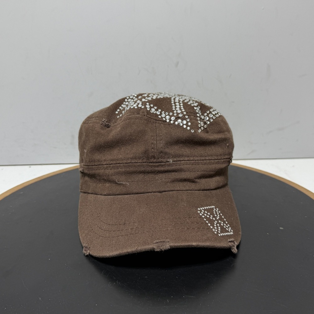 Nexgen Cadet Hat Women Military Distressed Brown Y2K Rhinestone Studded Cap Y2K
